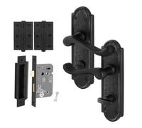 Afit Black Antique Door Handles Bathroom, 1 Pair Cast Iron Scroll Backplate Internal Handles, Lock 80mm, Hinges, Alton