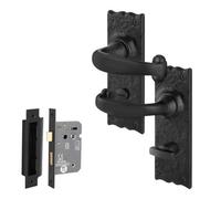 Afit Black Antique Door Handles Bathroom Kit, 1 Pair Of Cast Iron Internal Rustic Handles On Backplate, Lock 64mm, Corby