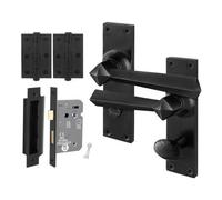 Afit Black Antique Door Handles Bathroom Kit, 1 Pair Rustic Cast Iron Internal Handles, Lock 64mm, Hinges, Toton Range