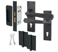 Afit Black Antique Door Handles Key Lock, 1 Pair Of Rustic Cast Iron Internal Backplate Handles, Lock 64mm, Hinges Toton