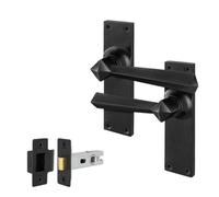Afit Black Antique Door Handles Latch, 1 Pair Of Rustic Cast Iron Backplate Internal Handles And Latch 64mm, Toton Range