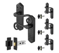 Afit Black Antique Door Handles Latch, 4 Pairs Of Cast Iron Curly Tail Internal Door Handles On Backplate And Latch 64mm