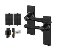 Afit Black Antique Door Handles Latch Kit, 1 Pair Of Rustic Cast Iron Internal Door Handles, Latch 76mm, Hinges, Toton