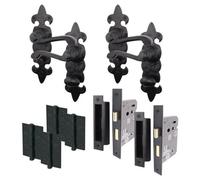 Afit Black Antique Fleur De Lys Bathroom Door Handle Set - 2 Pairs Cast Iron Internal Lever Handles, Hinges (76mm) & Locks (64mm)