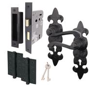 Afit Black Antique Fleur De Lys Door Handles Key Lock Set - 1 Pair Cast Iron Internal Handles Hinges 76mm, Sash Lock 64mm & Keys