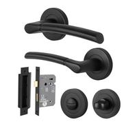 Afit Black Bathroom Door Handle Round Rose Set, 1 Pair Of Internal Lever Matt Handles And Lock (64mm) - Boston Range