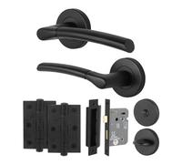 Afit Black Bathroom Door Handle Round Rose Set, 1 Pair Of Internal Lever Matt Handles, Lock (64mm), Hinges - Boston