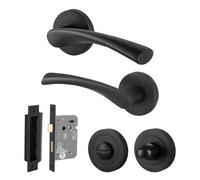 Afit Black Bathroom Door Handle Round Rose Set, 1 Pair Of Matt Black Internal Handles And Lock (64mm) - Novi Range