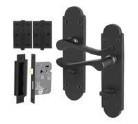 Afit Black Bathroom Door Handle Set, 1 Pair Internal Matt Black Victorian Scroll Backplate Handles, Hinges And Lock 64mm