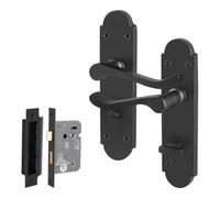 Afit Black Bathroom Door Handle Set, 1 Pair Internal Matt Black Victorian Scroll Shaped Backplate Handle And Lock 64mm