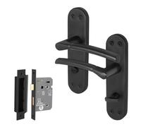 Afit Black Bathroom Door Handle Set, 1 Pair Of Internal Matt Backplate Handles And Lock (64mm) - Boston Range