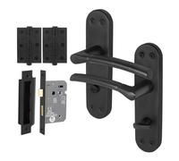 Afit Black Bathroom Door Handle Set, 1 Pair Of Internal Matt Backplate Handles, Lock (80mm), Hinges (76mm) - Boston Range