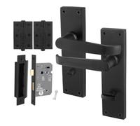 Afit Black Bathroom Door Handles Set, 1 Pair Internal Victorian Straight Matt Black Backplate Handles, Hinges, Lock 64mm