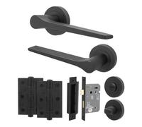 Afit Black Door Handle Bathroom Set, Matt Black Internal Door Handle With 64mm Bathroom Lock And 76mm Hinges, Tempo 1 Pack