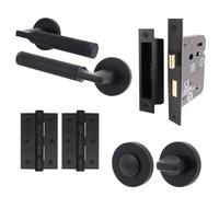 Afit Black Door Handle Bathroom Set Matt Black Internal With 76mm Hinges And 64mm Bathroom Lock Knurled Textured Grip Moda 1 Pack