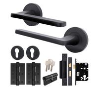 Afit Black Door Handle Euro Lock And Cylinder Set, Matt Black Internal Door Handle With Latch, Locks And Hinges, Eden 1 Pack