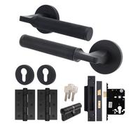 Afit Black Door Handle Euro Lock And Cylinder Set Matt Black Internal With Locks And Hinges Knurled Textured Grip Moda 1 Pack