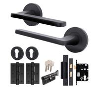 Afit Black Door Handle Euro Lock And Thumbturn Cylinder Set, Internal Door Handle With Latch, Locks And Hinges, Eden 1 Pack