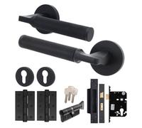 Afit Black Door Handle Euro Lock And Thumbturn Cylinder Set Internal With Locks And Hinges Knurled Textured Grip Moda 1 Pack