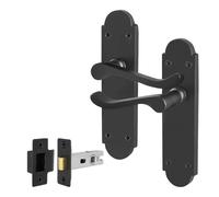 AFIT Black Door Handles with Latch, 1 Pair Matt Black Backplate, Latch 64mm | Size: 150mm x 150mm AFIT Black 150mm x 150mm