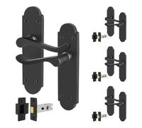 AFIT Black Door Handles with Latch, 4 Pairs Matt Black Backplate | Size: 150mm x 150mm AFIT Black 150mm x 150mm