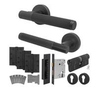 Afit Black Fire Door Handle Euro Lock And Double Cylinder Set, Matt Black Internal Fir Door Handle Locks Hinges Linea
