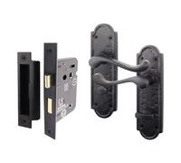 Afit Black Iron Door Handle Bathroom Pack, 1 Pair Of Black Antique Bathroom Handles & 64mm Lock