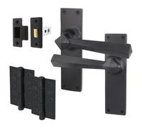 Afit Black Iron Door Handle Latch Set - 1 Pair Of Black Antique Internal Handles, Hinges 76mm & Latch 64mm - Tudor Range