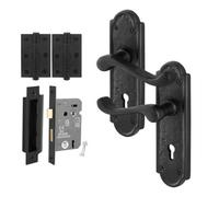 Afit Black Iron Door Handle Sash Lock Pack, 1 Pair Of Black Antique Keylock Handles, 64mm Lock & 76mm Hinges