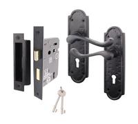 Afit Black Iron Door Handle Sash Lock Pack, 1 Pair Of Black Antique Keylock Handles, 64mm Lock & Keys