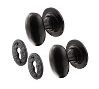Afit Black Iron Door Knob Set - 1 Pair Of Cast Iron Antique Oval Mortice Knobs & Escutcheons
