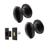 Afit Black Iron Door Knob Set - 1 Pair Of Cast Iron Antique Oval Mortice Knobs & Latch (76mm)
