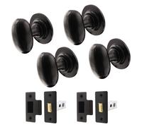 Afit Black Iron Door Knob Set - 2 Pairs Of Cast Iron Antique Oval Mortice Knobs & Latches (76mm)