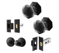 Afit Black Iron Door Knob Set - Cast Iron Antique Octagonal Mortice Knobs, Latch & Deadbolt Kit (76mm) & Turn & Release