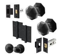 Afit Black Iron Door Knob Set - Cast Iron Octagonal Mortice Knobs, Latch & Deadbolt 76mm, Hinges 76mm & Turn & Release