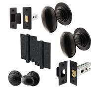 Afit Black Iron Door Knob Set - Cast Iron Oval Mortice Knobs, Latch & Deadbolt (76mm), Hinges (76mm) & Turn & Release