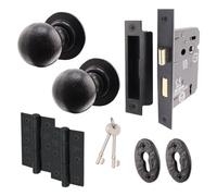 Afit Black Iron Key Lock Door Knob Set - 1 Pair Of Cast Iron Antique Ball Mortice Knobs, Sash Lock (80mm) & Hinges (76mm)