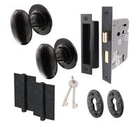 Afit Black Iron Keylock Door Knob Set - 1 Pair Of Cast Iron Antique Oval Mortice Knobs, Sash Lock (80mm) & Hinges (76mm)