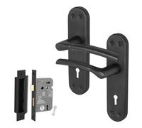 Afit Black Lock Door Handle Set, 1 Pair Of Internal Lever Matt Backplate Handles And Lock (64mm) - Boston Range