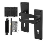 Afit Black Lock Door Handles Set, 1 Pair Internal Victorian Straight Matt Black Backplate Handles, Hinges, Sashlock 64mm