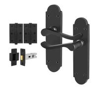 Afit Black Victorian Door Handles Latch Set, 1 Pair Of Internal Matt Black Scroll Shaped Backplate, Hinges, Latch 64mm