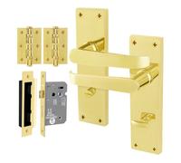 Afit Brass Bathroom Door Handles Set, 1 Pair Internal Victorian Straight Polished Brass On Backplate, Hinges, Lock 64mm