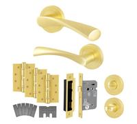 Afit Brass Bathroom Fire Door Handles Round Rose With Wc Lock And Hinges, 1 Pair Satin Brass Internal Handles, Novi