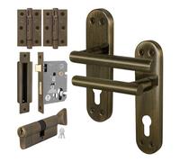 Afit Brass Door Handle Euro Lock With Thumbturn Cylinder, Hinges, 1 Pair Internal T-Bar Antique Handles - Olvera Range