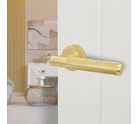Afit Brass Door Handle Satin Brass Internal Lever On Rose Vuori Knurled Textured Grip 1 Pair
