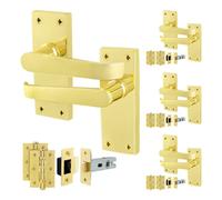 Afit Brass Door Handles Latch Set, 4 Pairs Internal Victorian Straight Polished Brass On Backplate, Hinges, Latch 64mm
