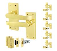 Afit Brass Door Handles Latch Set, 6 Pairs Internal Victorian Straight Polished Brass On Backplate, Hinges, Latch 64mm