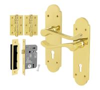 AFIT Brass Door Handles Lock Set, 1 Pair Polished Brass Backplate, Hinges in Gold | Size: 150mm x 150mm AFIT Gold 150mm x 150mm