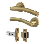Afit Brass Door Handles Round Rose, 1 Pair Of Antique Brass Curved Internal Lever Handles And Latch 64mm - Arco Range