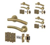 Afit Brass Door Handles Round Rose, 4 Pairs Antique Brass Curved Internal Lever Handles, Latch 64mm And Hinges - Arco